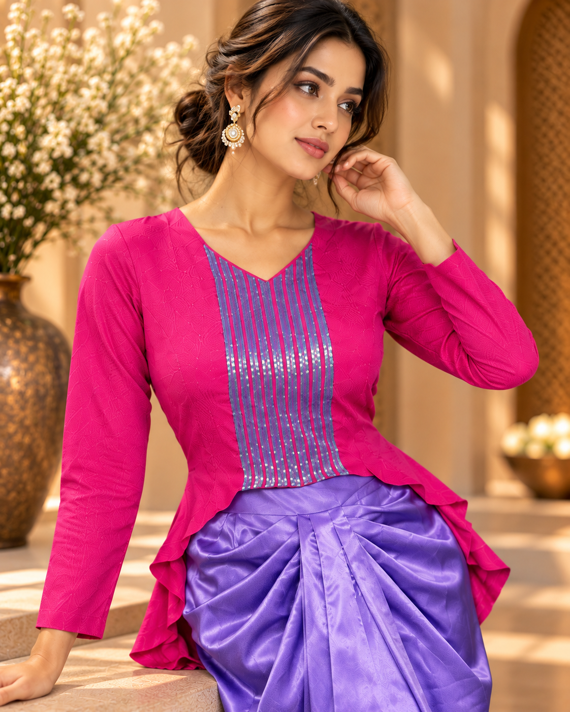 Satin Skirt with Embroidered Crepe Top