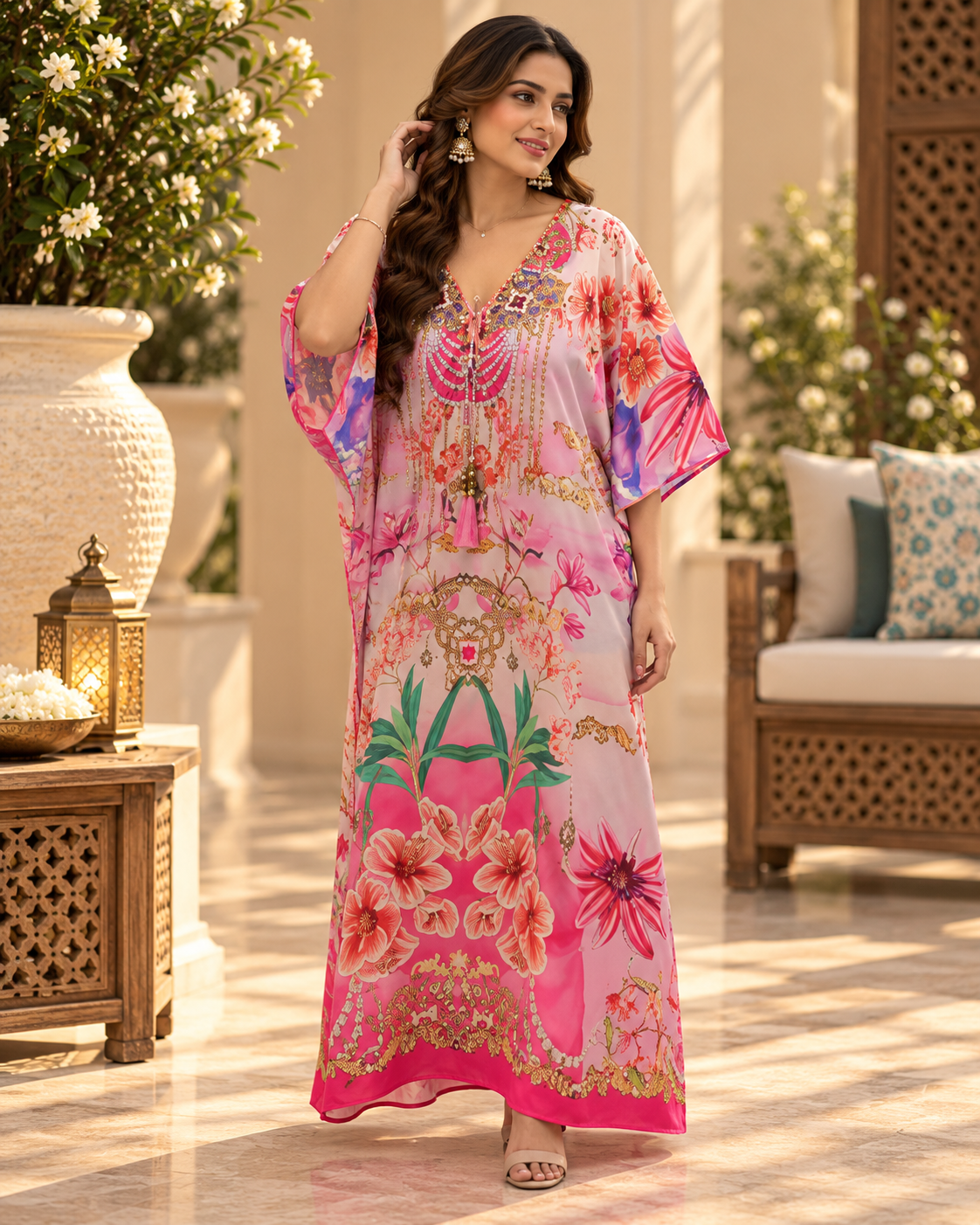 Pink Floral V-Neck Dori Kaftan