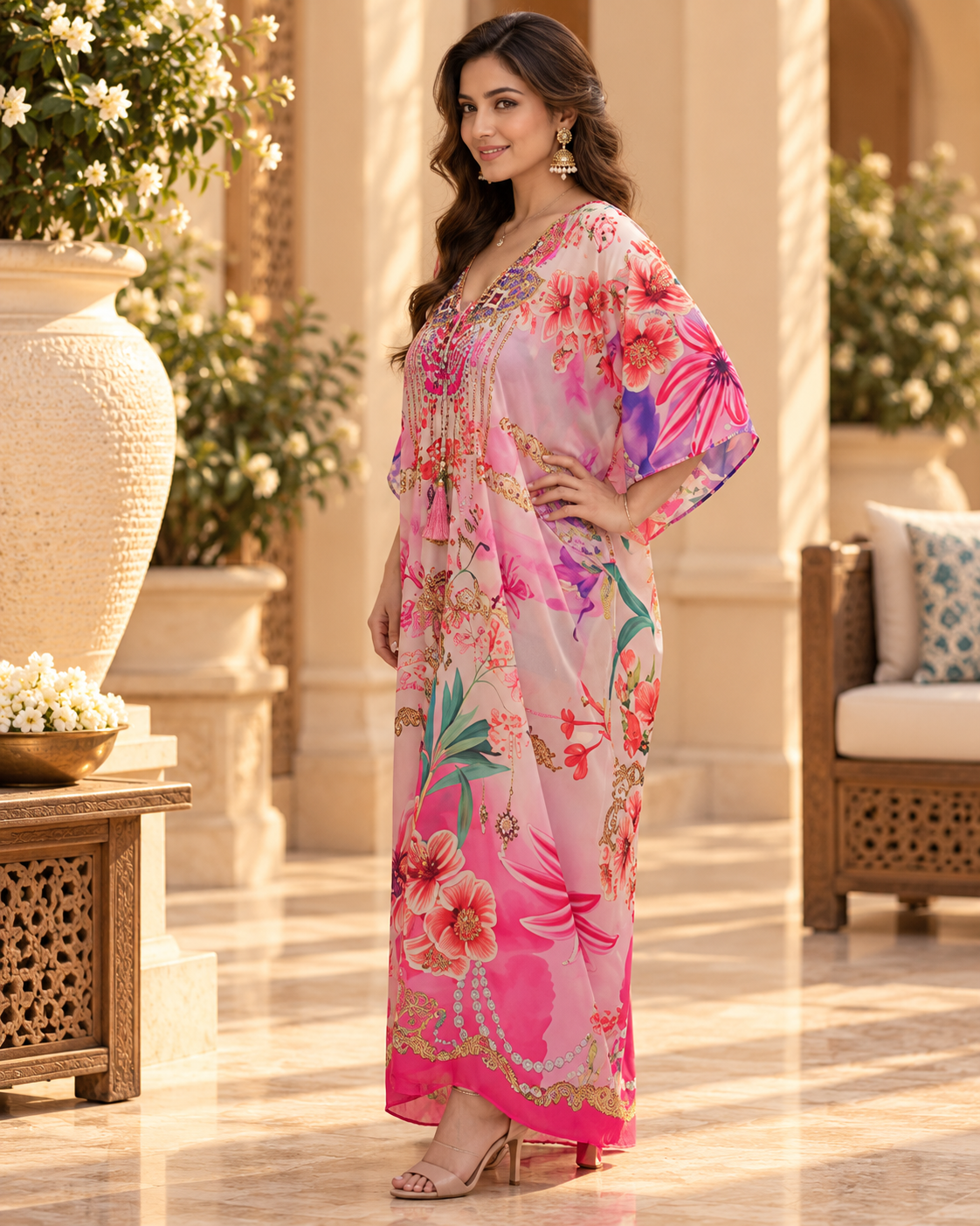 Pink Floral V-Neck Dori Kaftan