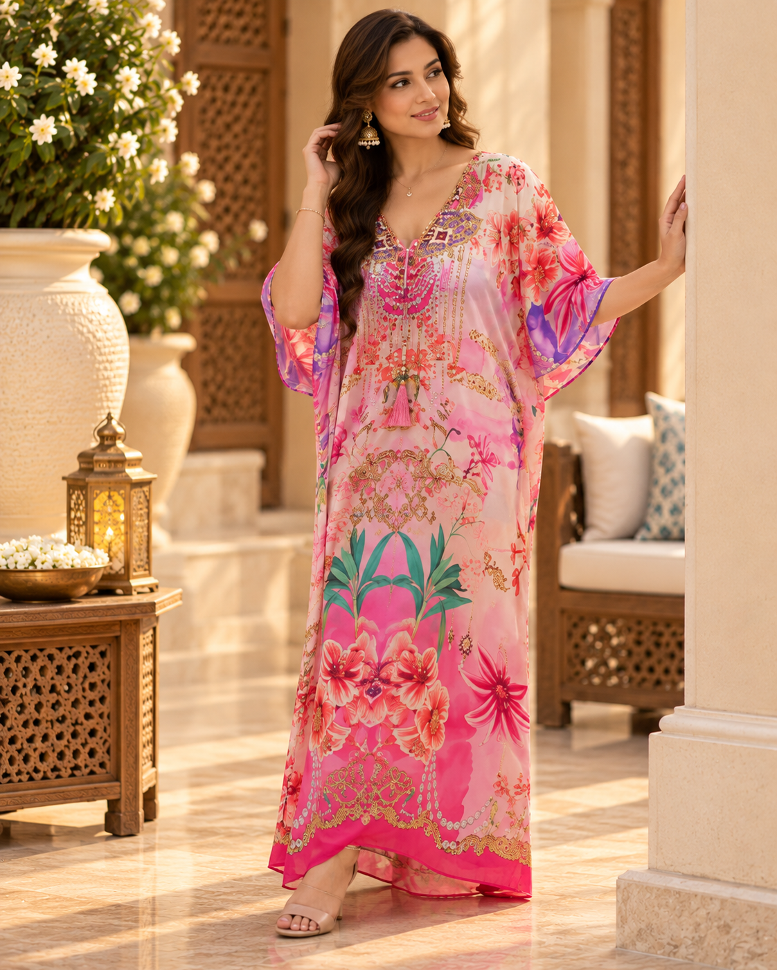 Pink Floral V-Neck Dori Kaftan