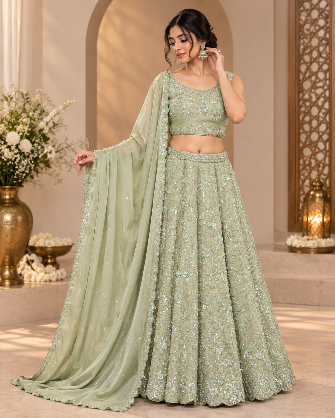 Green Tissue Silk Lehenga