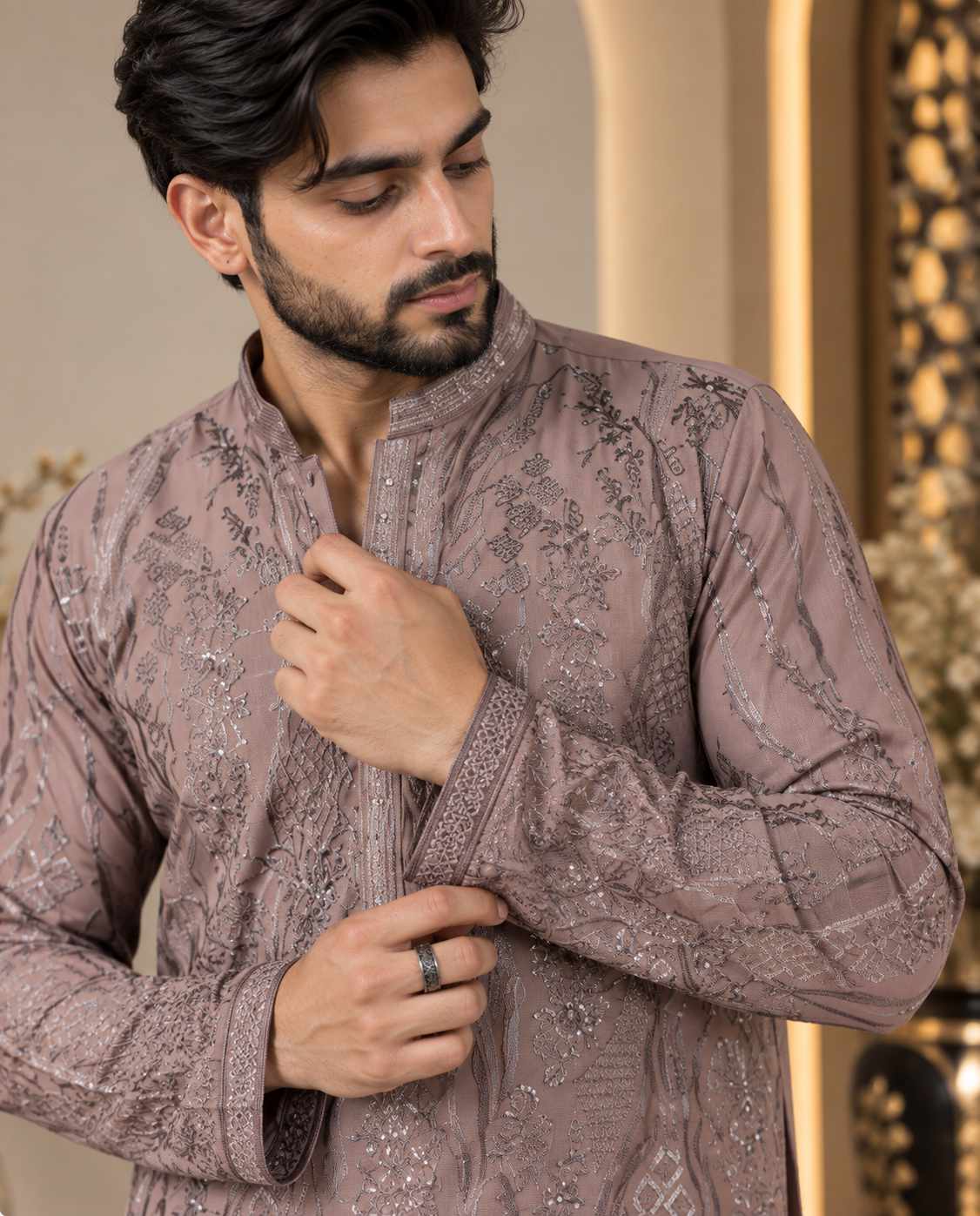Graceful Georgette Embroidered Set for Men