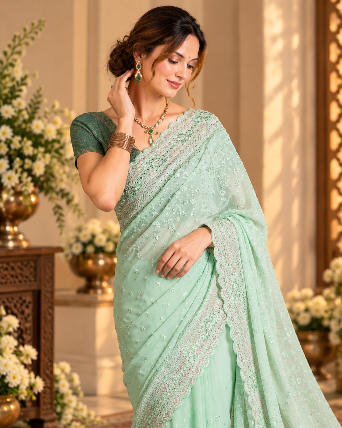 Elegant Green Embroidered Saree