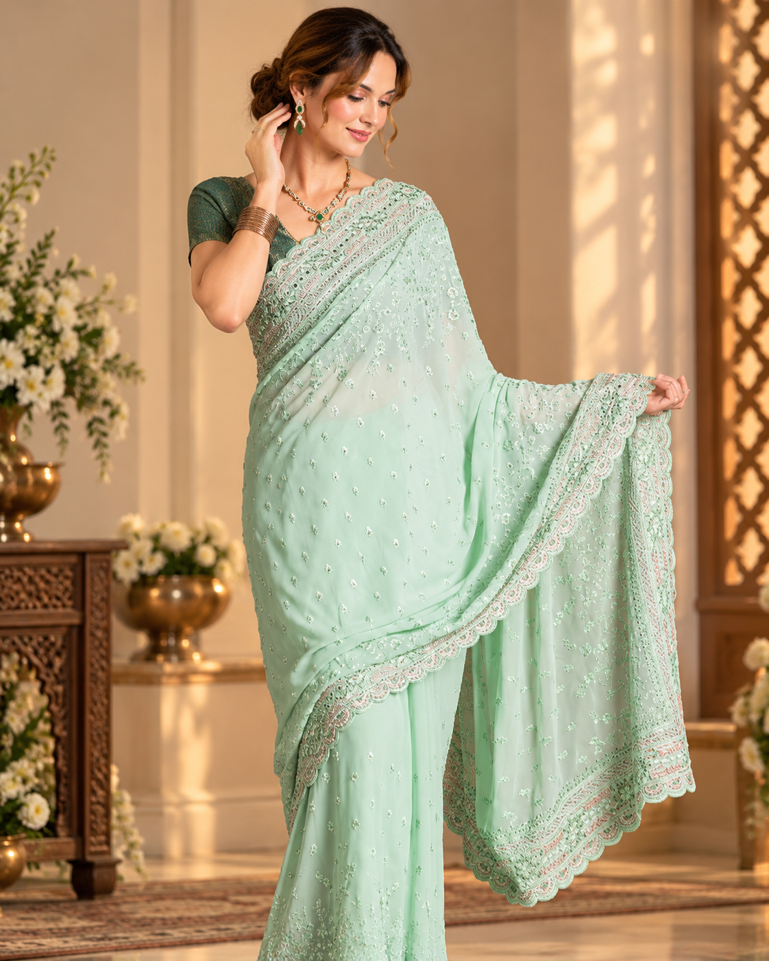 Elegant Green Embroidered Saree