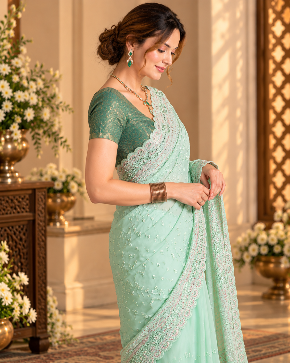 Elegant Green Embroidered Saree