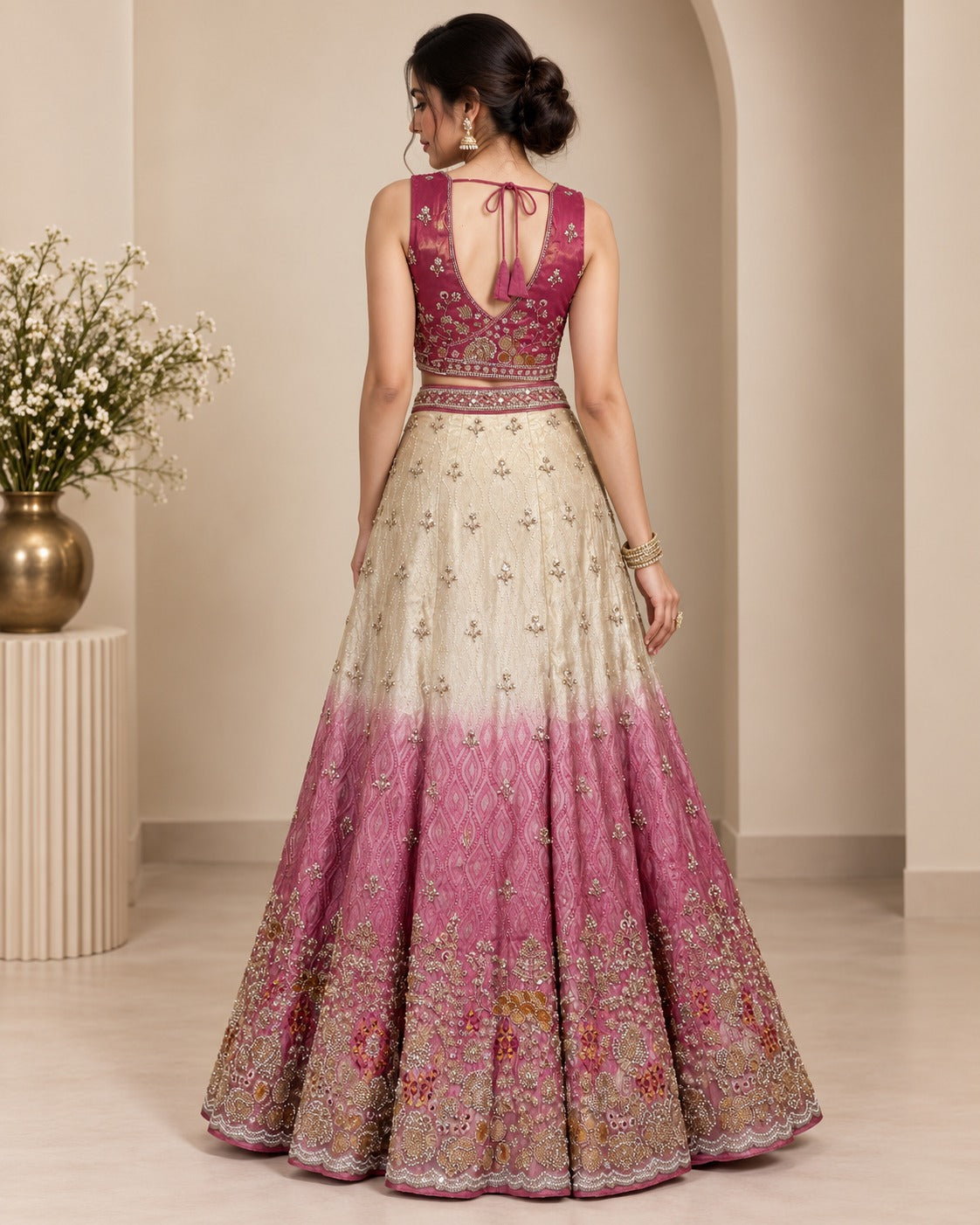 Pale Silver Sage to Pink Ombre Lehenga Set