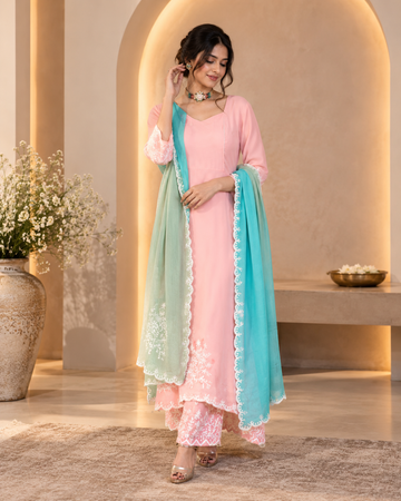 Peachy Pink Embroidered Pant Suit