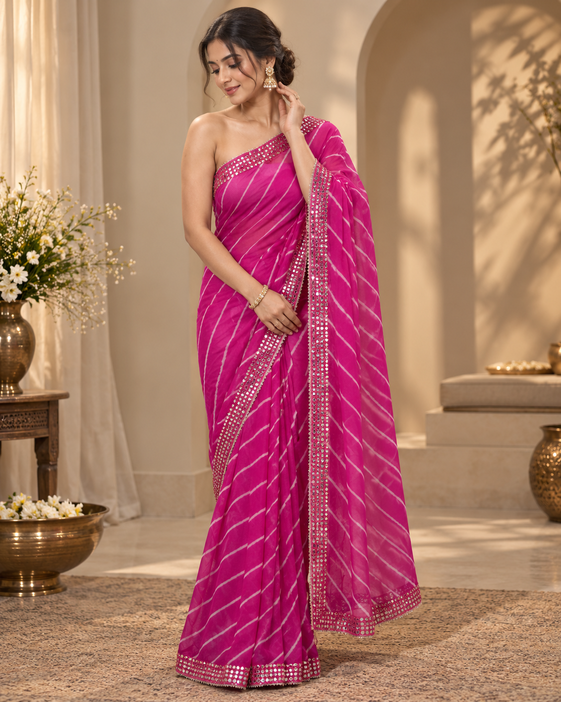 Hot Pink Leheriya Chinon Saree