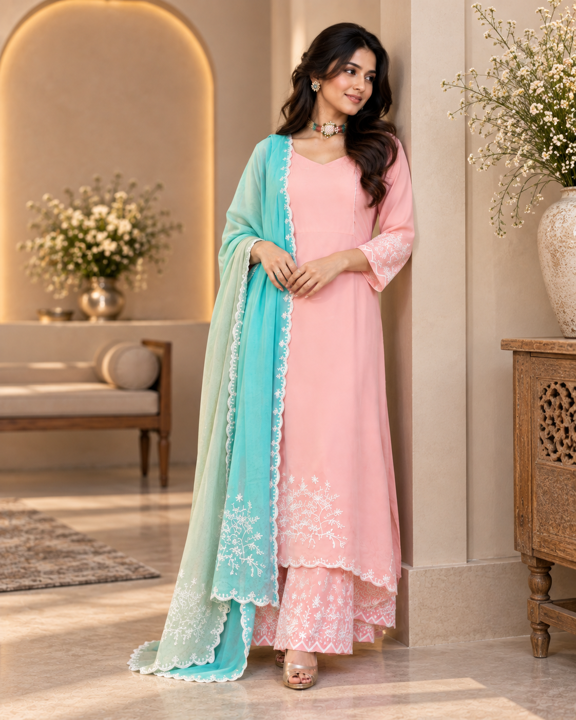 Peachy Pink Embroidered Pant Suit