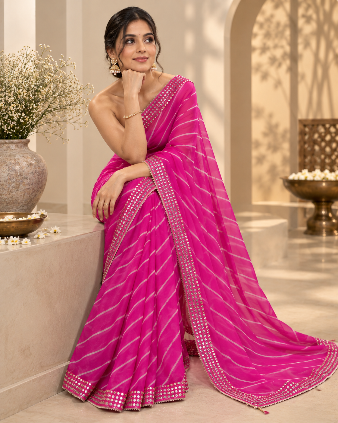 Hot Pink Leheriya Chinon Saree