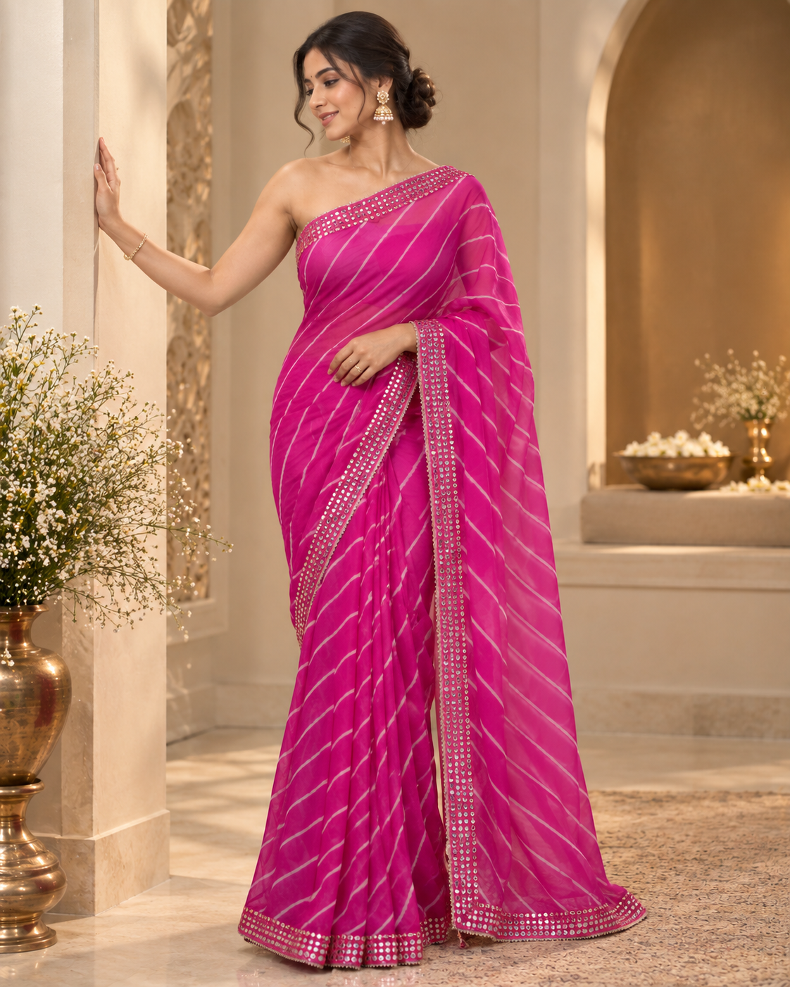Hot Pink Leheriya Chinon Saree