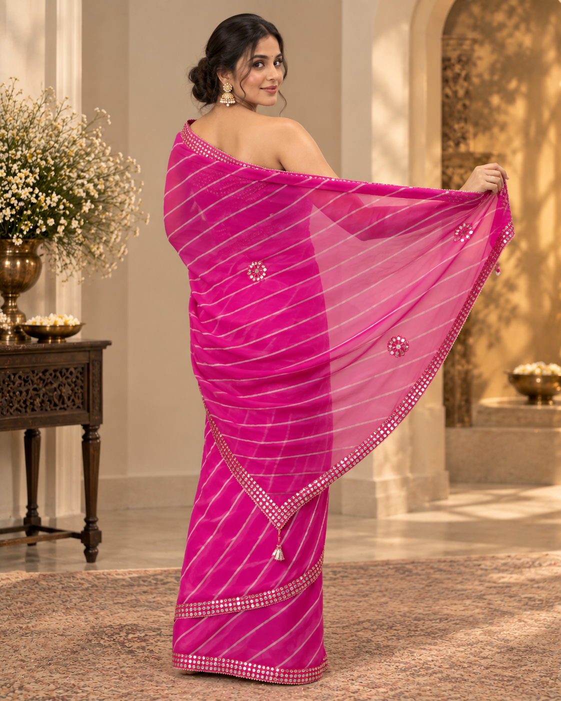 Hot Pink Leheriya Chinon Saree