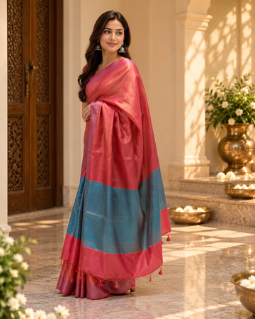 Red and Blue Viscos Silk Saree