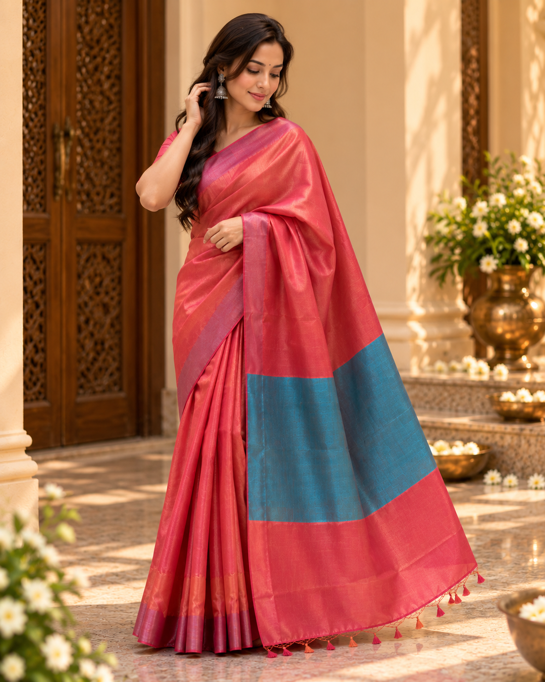 Red and Blue Viscos Silk Saree