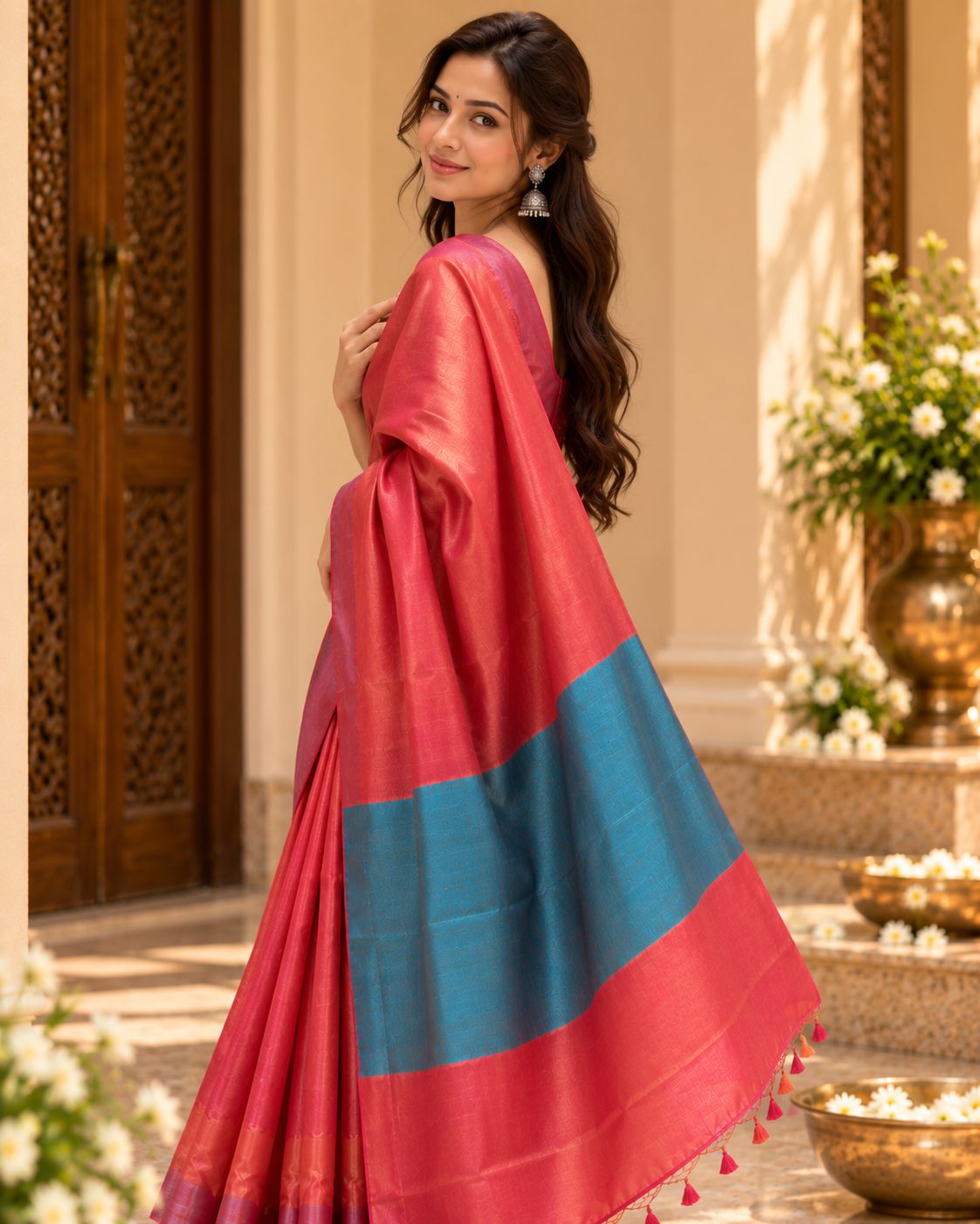 Red and Blue Viscos Silk Saree