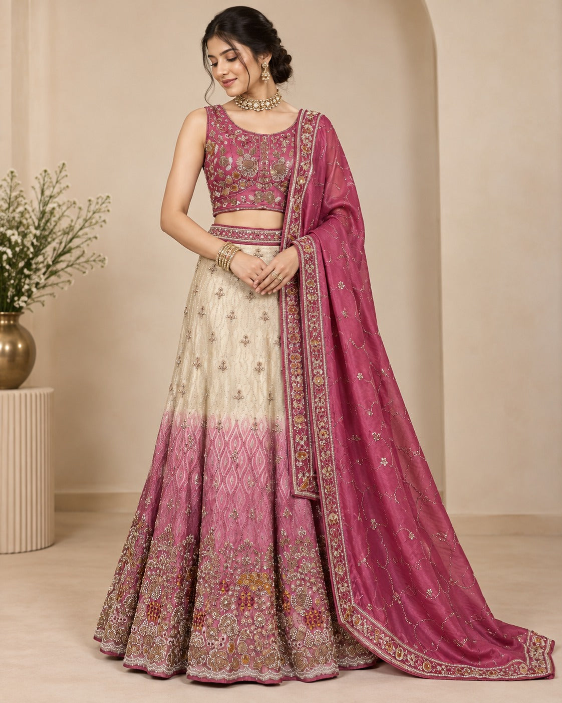 Pale Silver Sage to Pink Ombre Lehenga Set