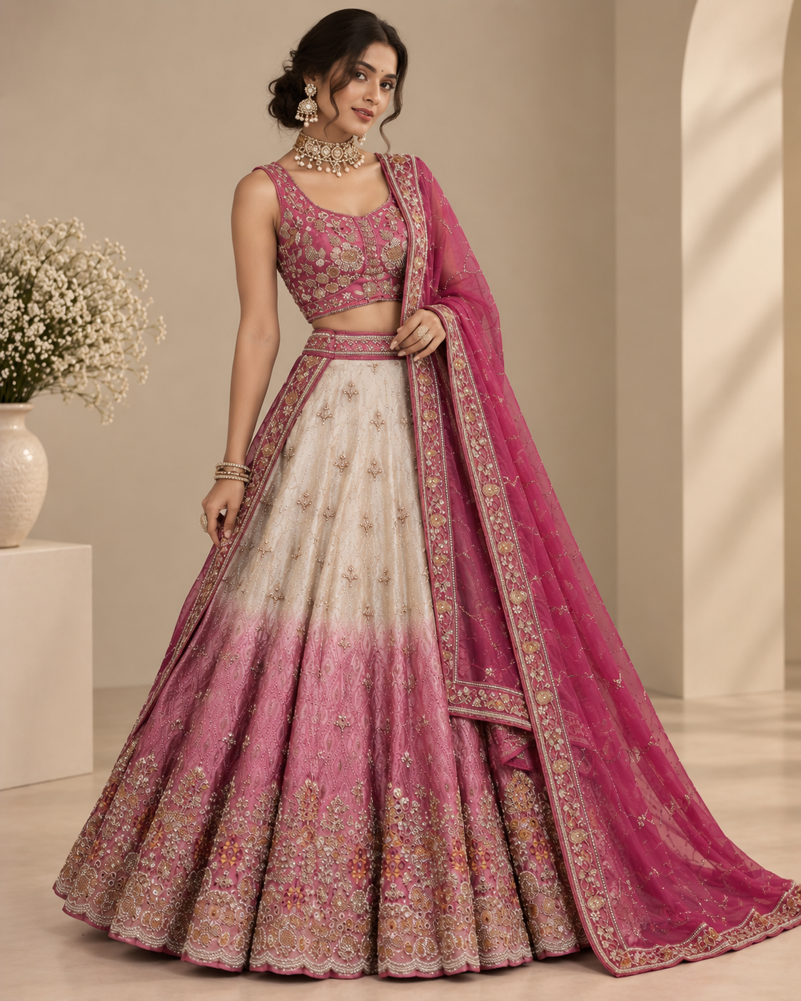 Pale Silver Sage to Pink Ombre Lehenga Set