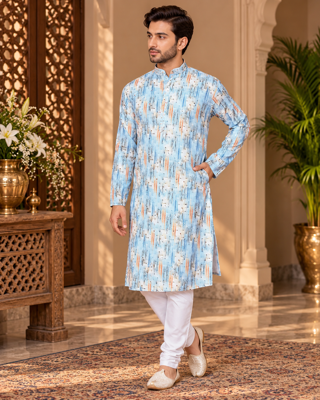 Printed Cotton Kurta with Mirror Work Detailing