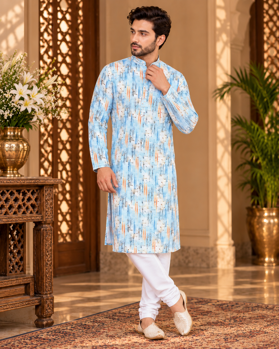 Printed Cotton Kurta with Mirror Work Detailing