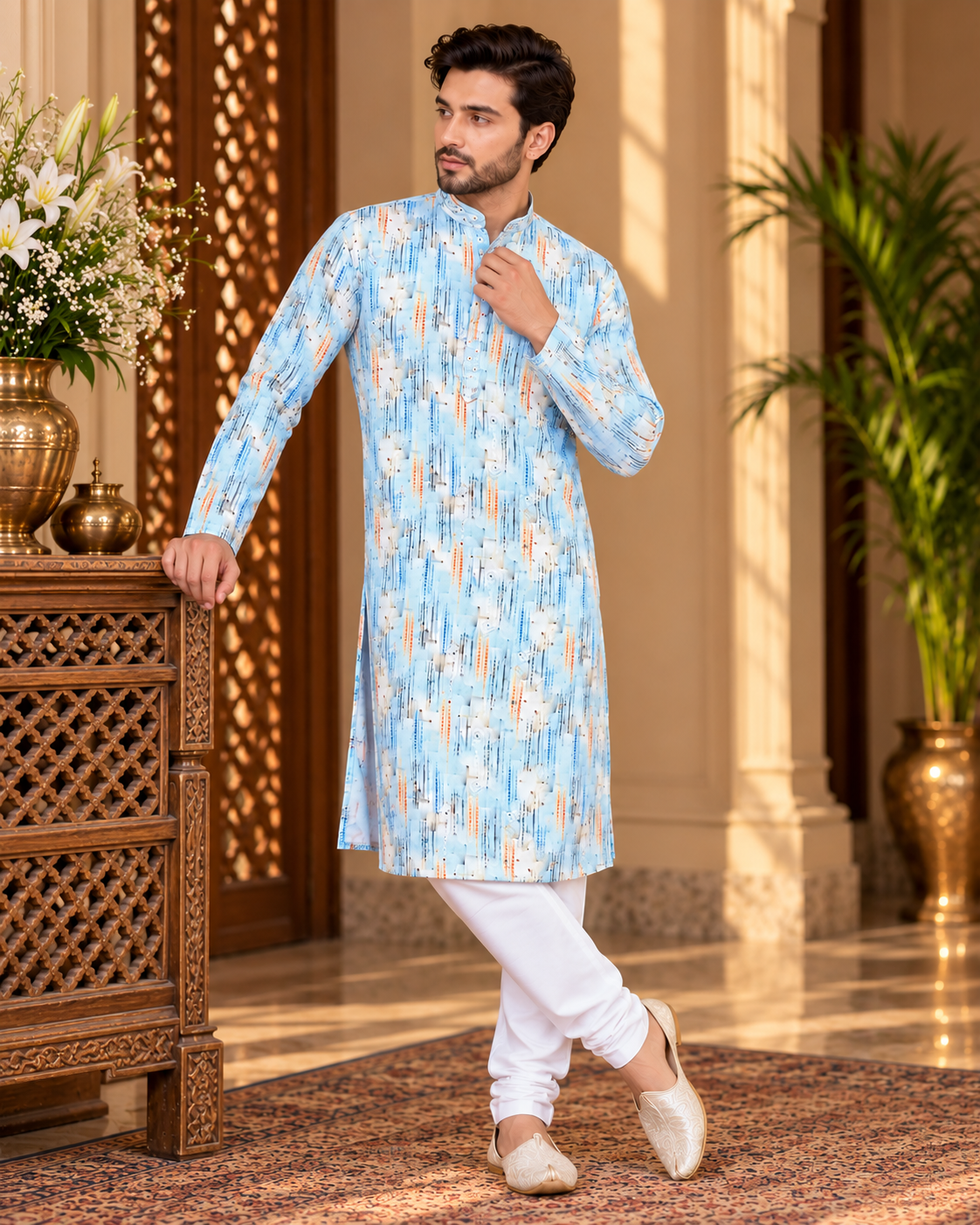 Printed Cotton Kurta with Mirror Work Detailing