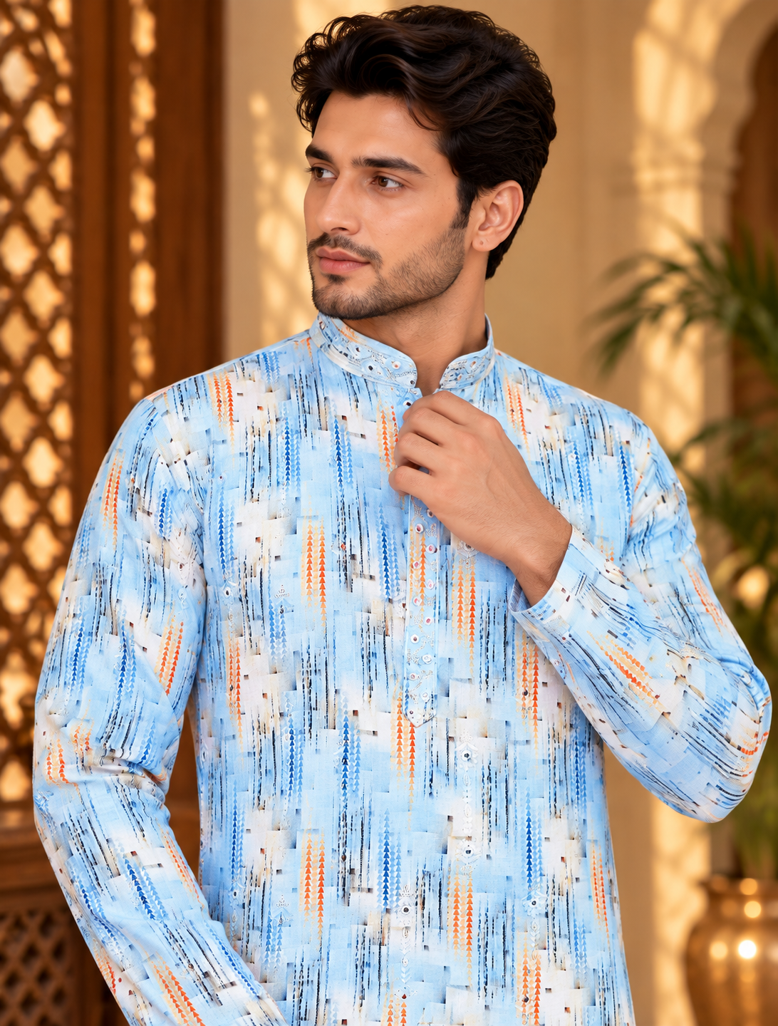 Printed Cotton Kurta with Mirror Work Detailing