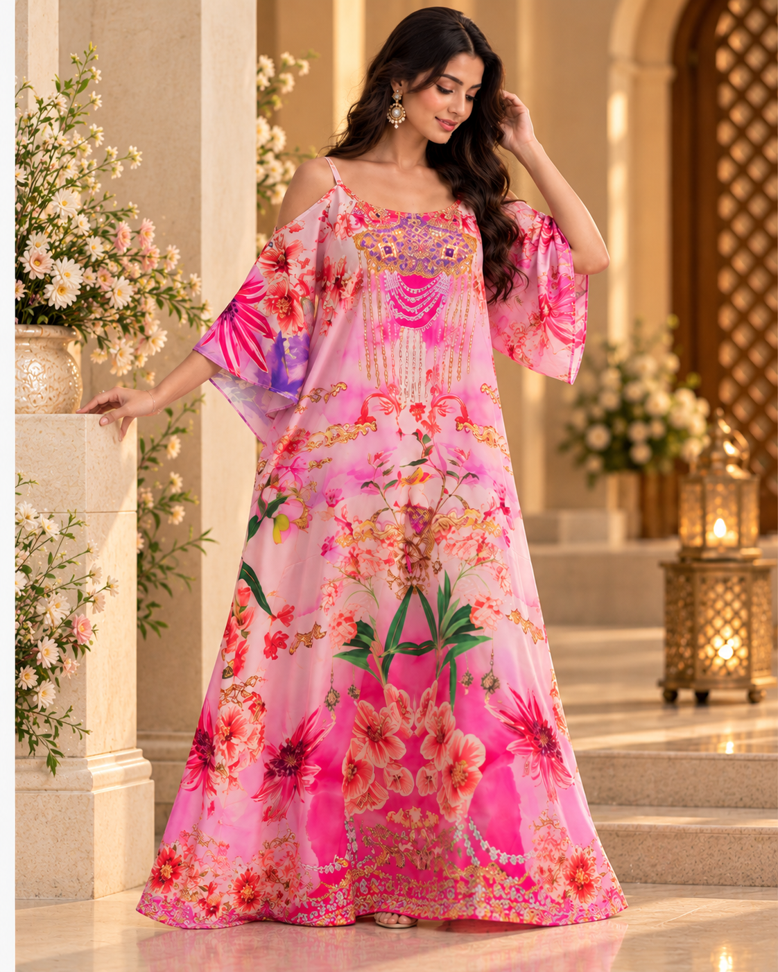 "Elegant Pink Cold Shoulder Kaftan "