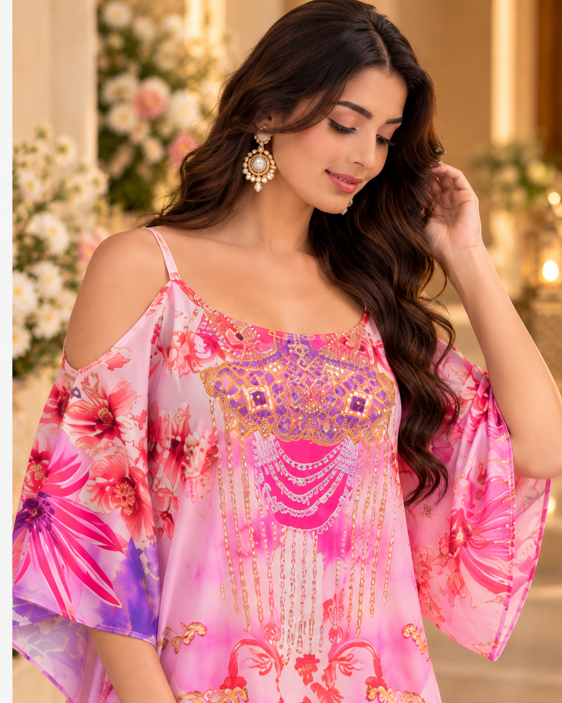 "Elegant Pink Cold Shoulder Kaftan "