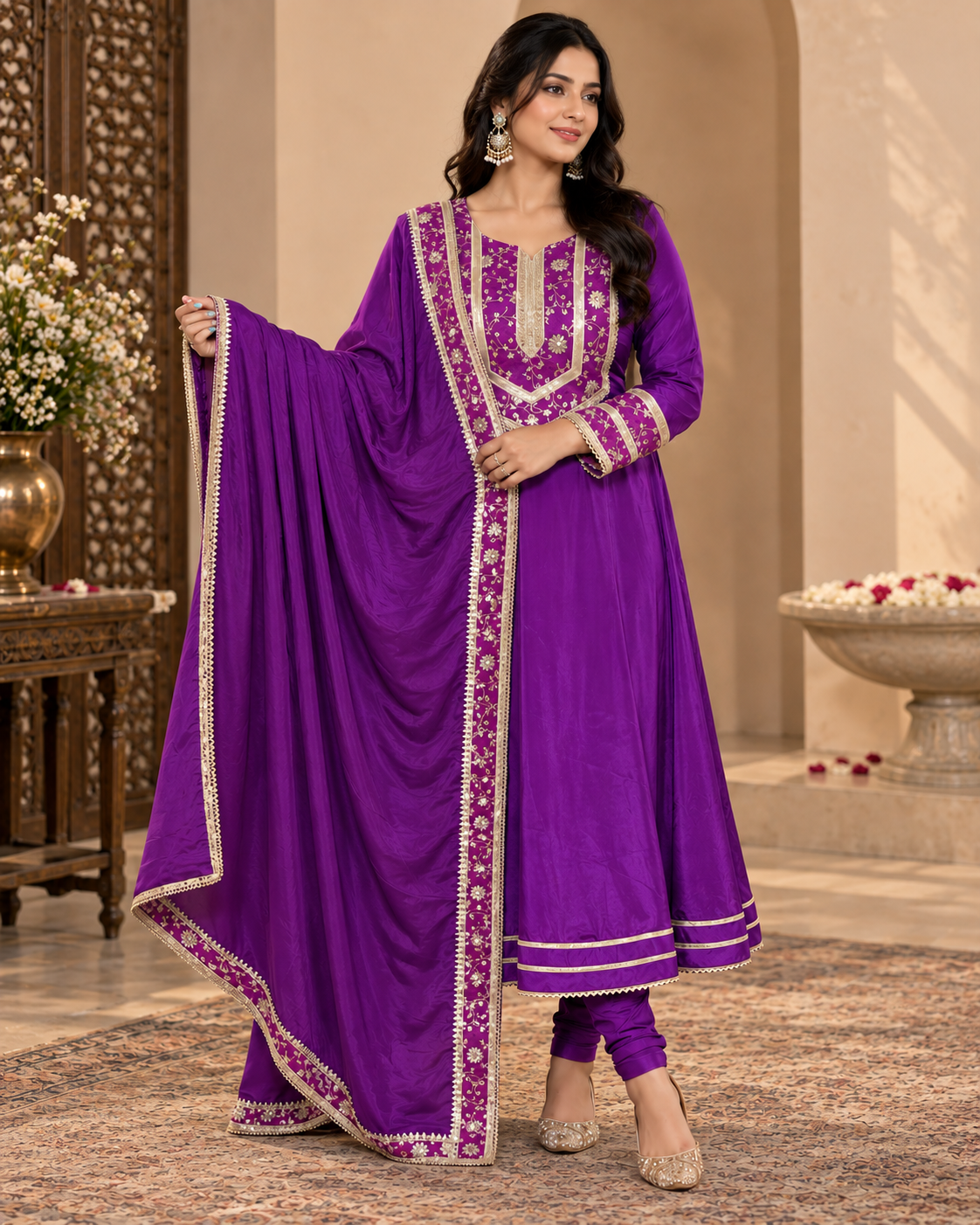 Purple Brocade Anarkali Suit Set