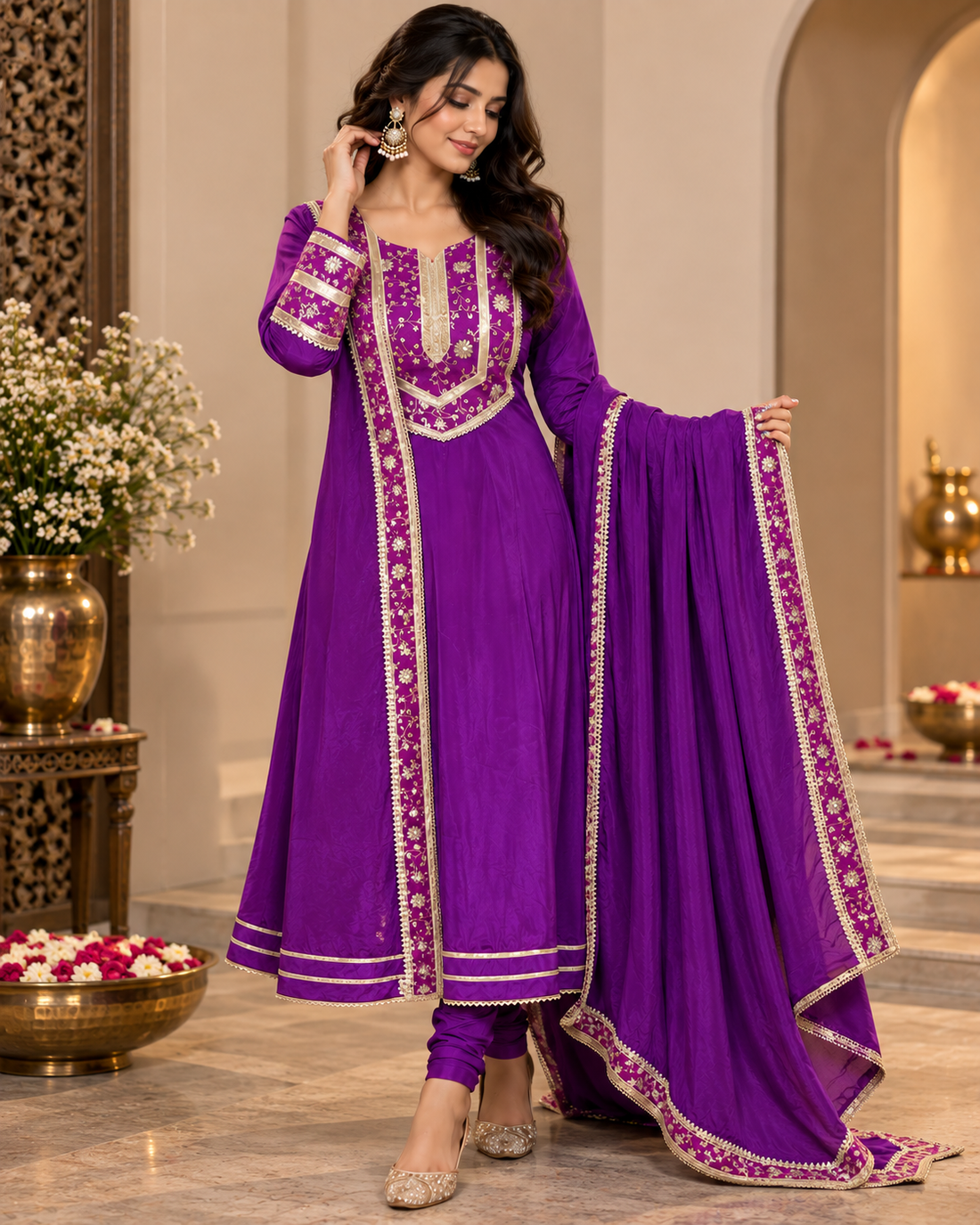 Purple Brocade Anarkali Suit Set