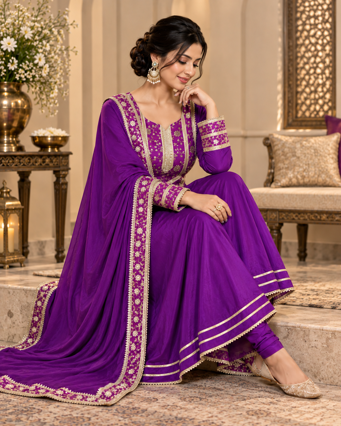Purple Brocade Anarkali Suit Set