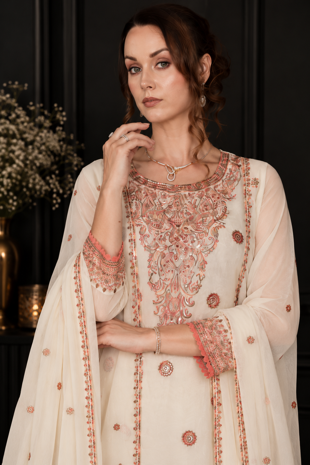 Embroidered Georgette Pant Suit with Dupatta white