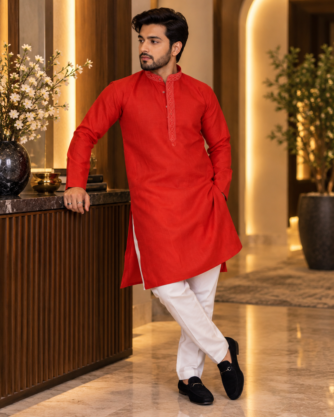 Red Cotton Kurta with Lace Patti