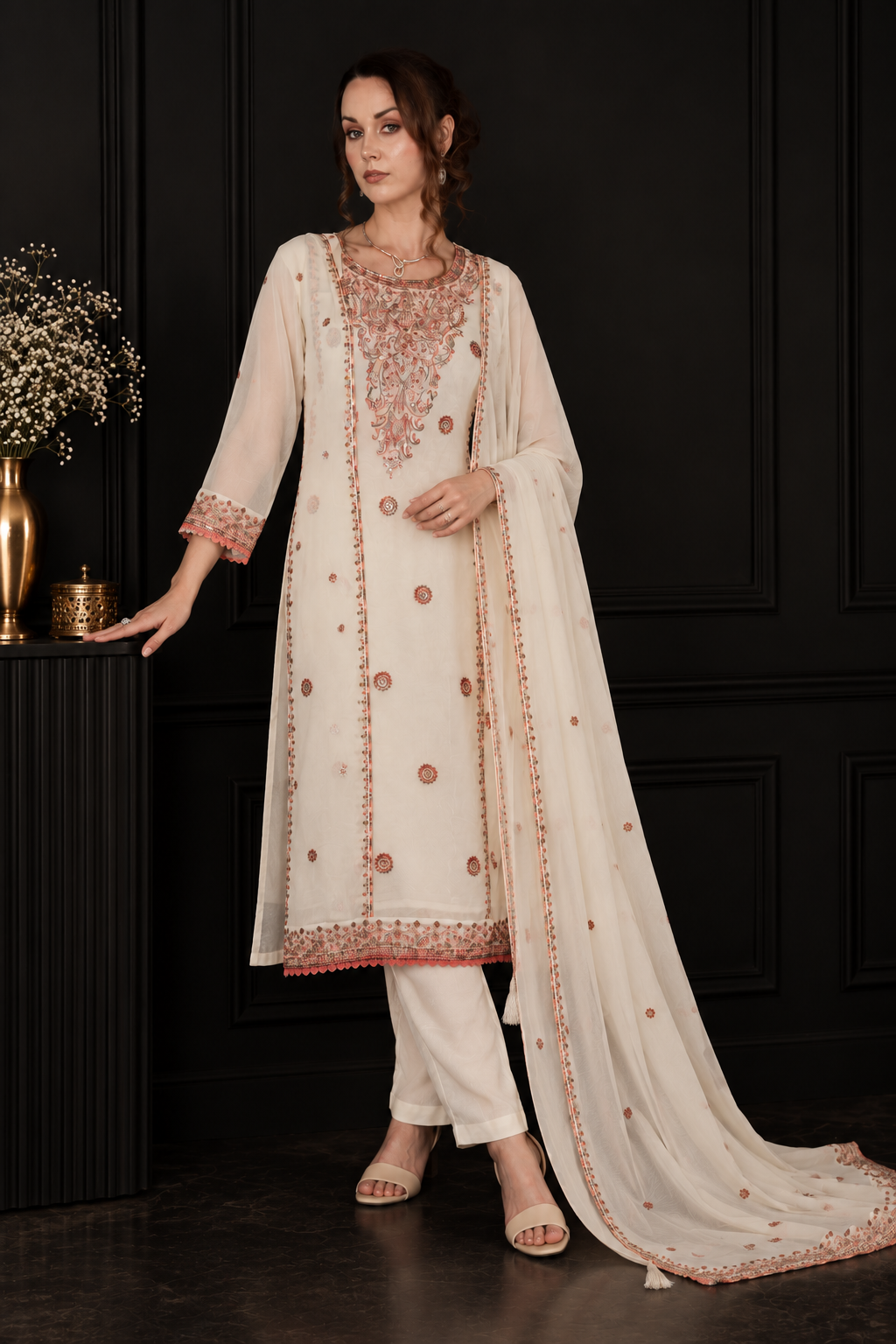 Embroidered Georgette Pant Suit with Dupatta white