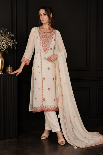 Embroidered Georgette Pant Suit with Dupatta white