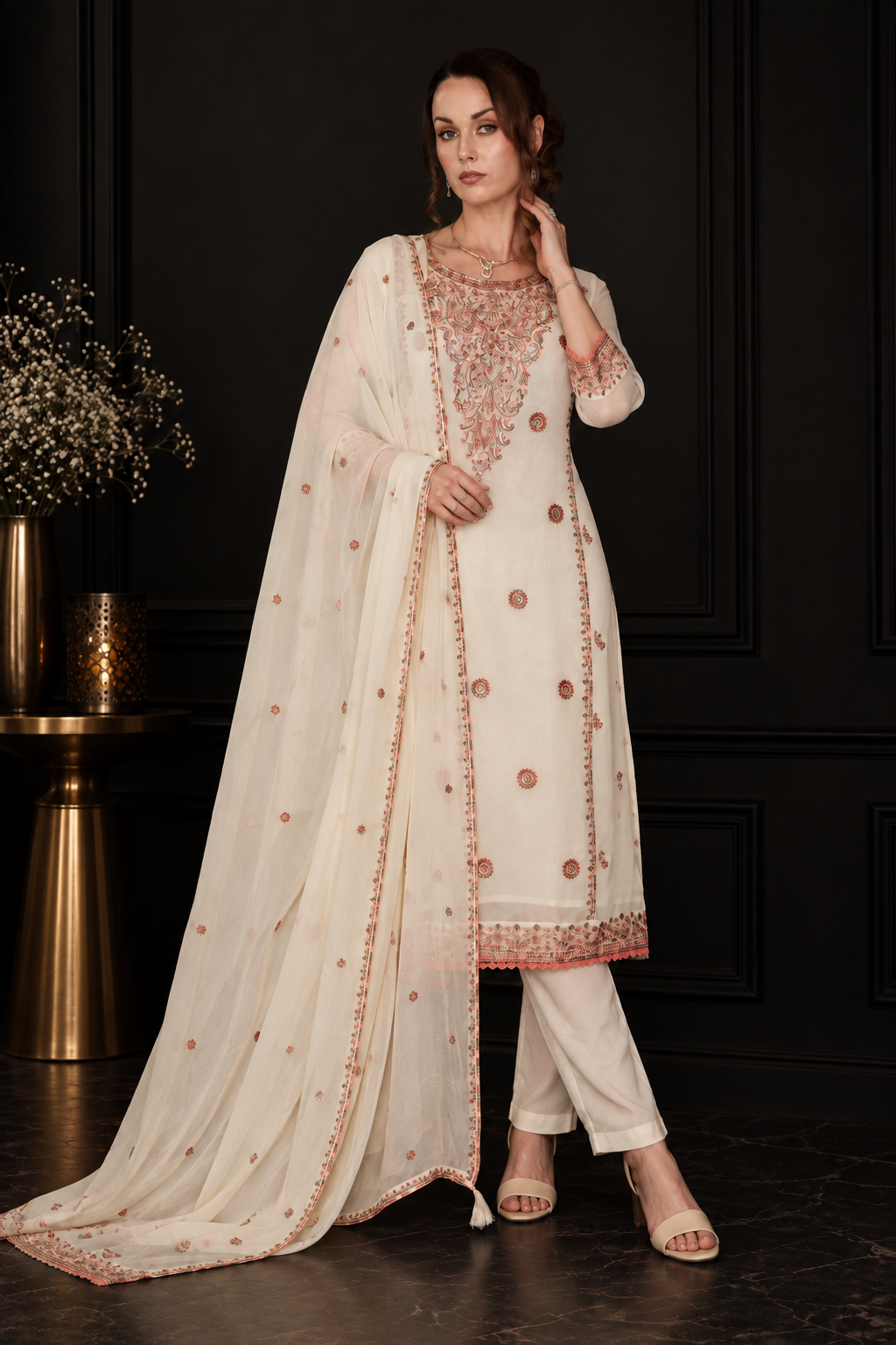 Embroidered Georgette Pant Suit with Dupatta white
