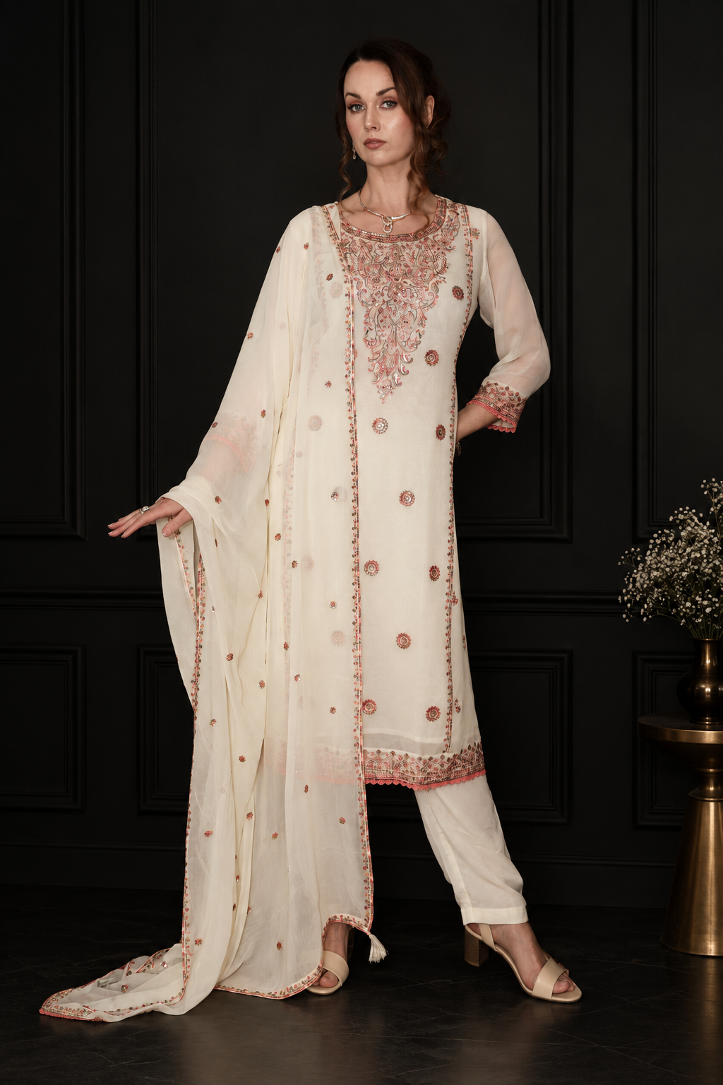 Embroidered Georgette Pant Suit with Dupatta white
