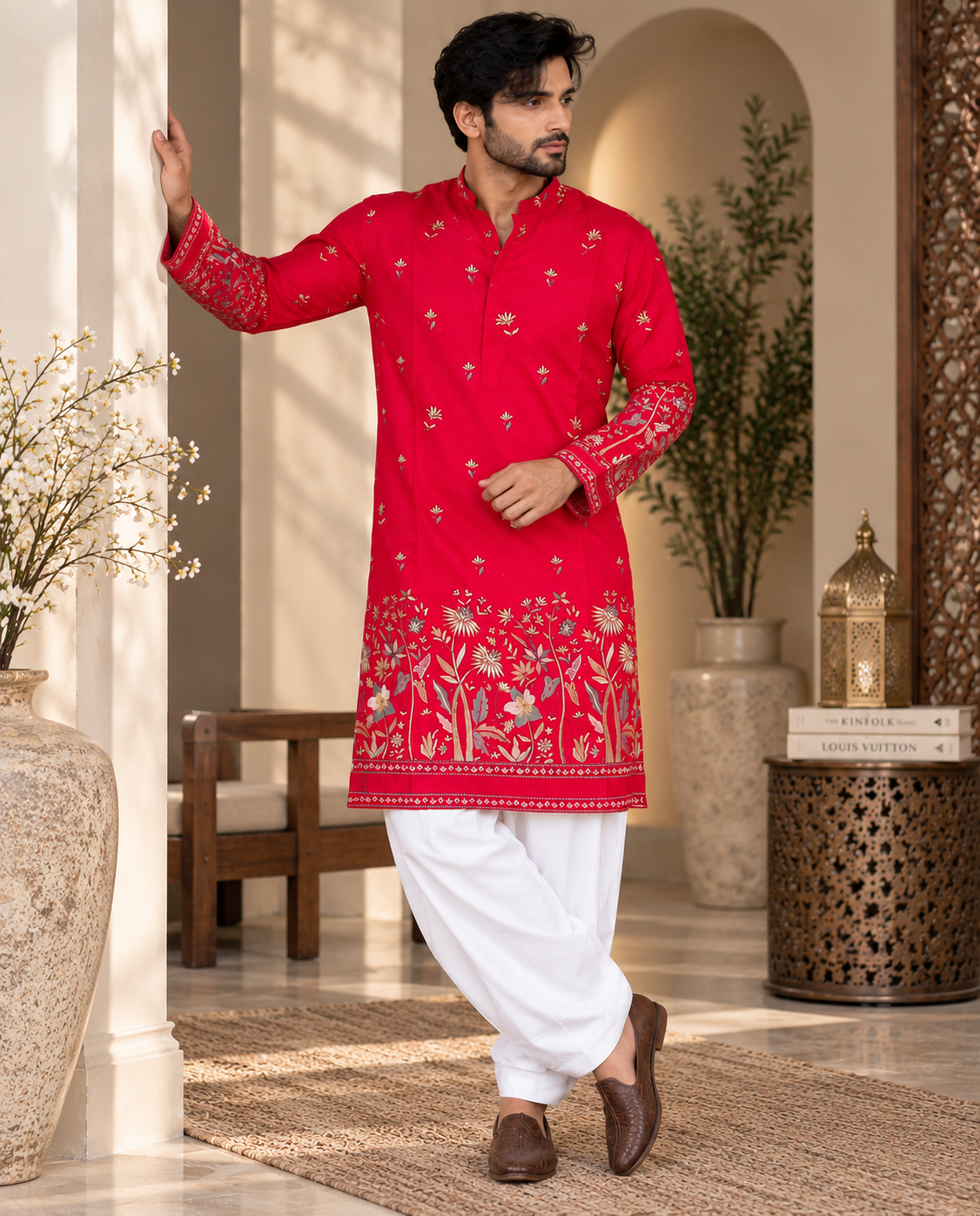 Hot Pink Embroidered Kurta with White Salwar