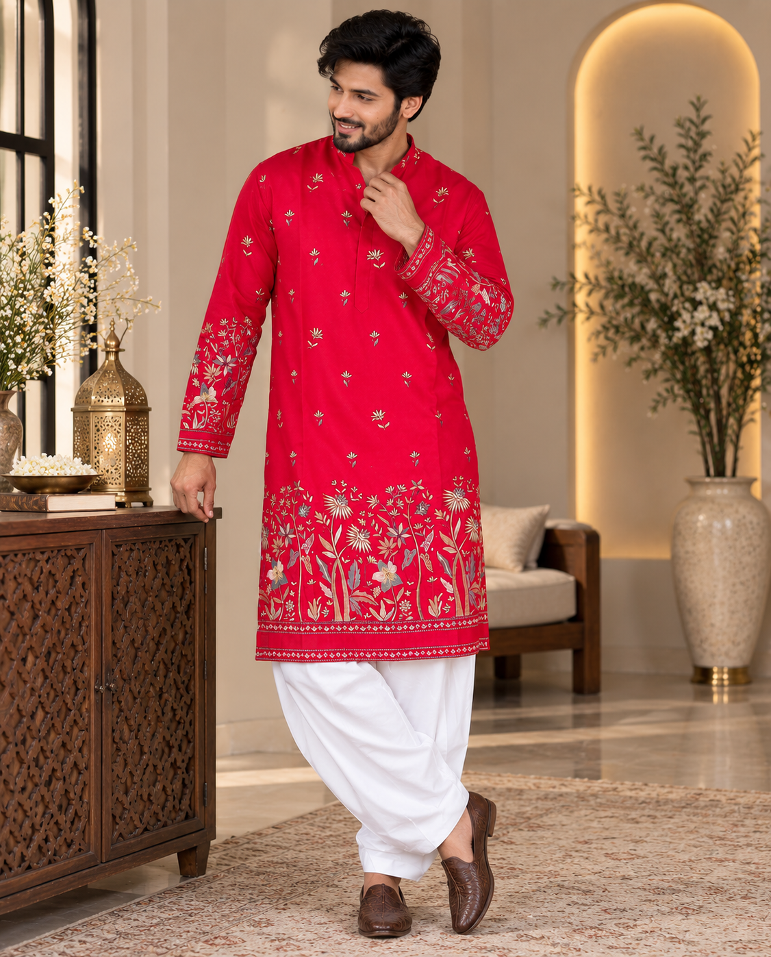 Hot Pink Embroidered Kurta with White Salwar