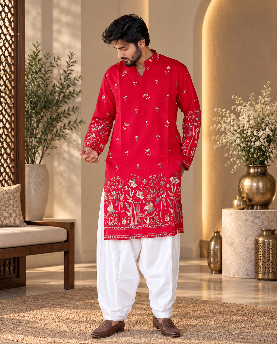 Hot Pink Embroidered Kurta with White Salwar