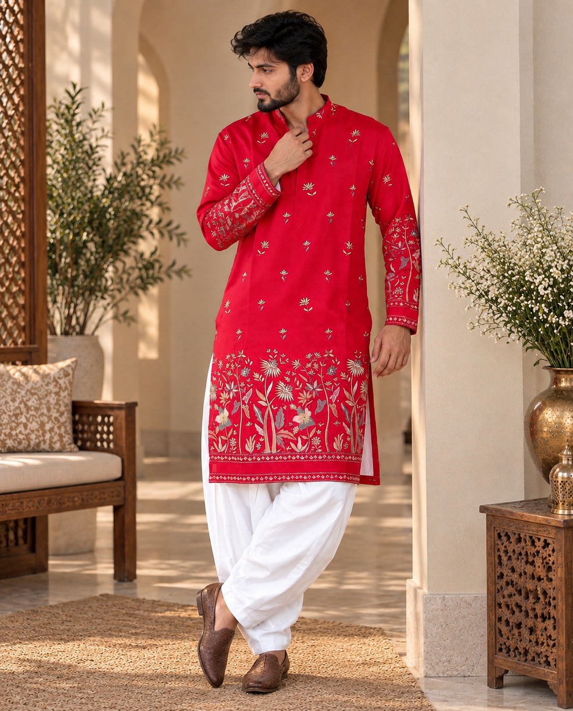 Hot Pink Embroidered Kurta with White Salwar