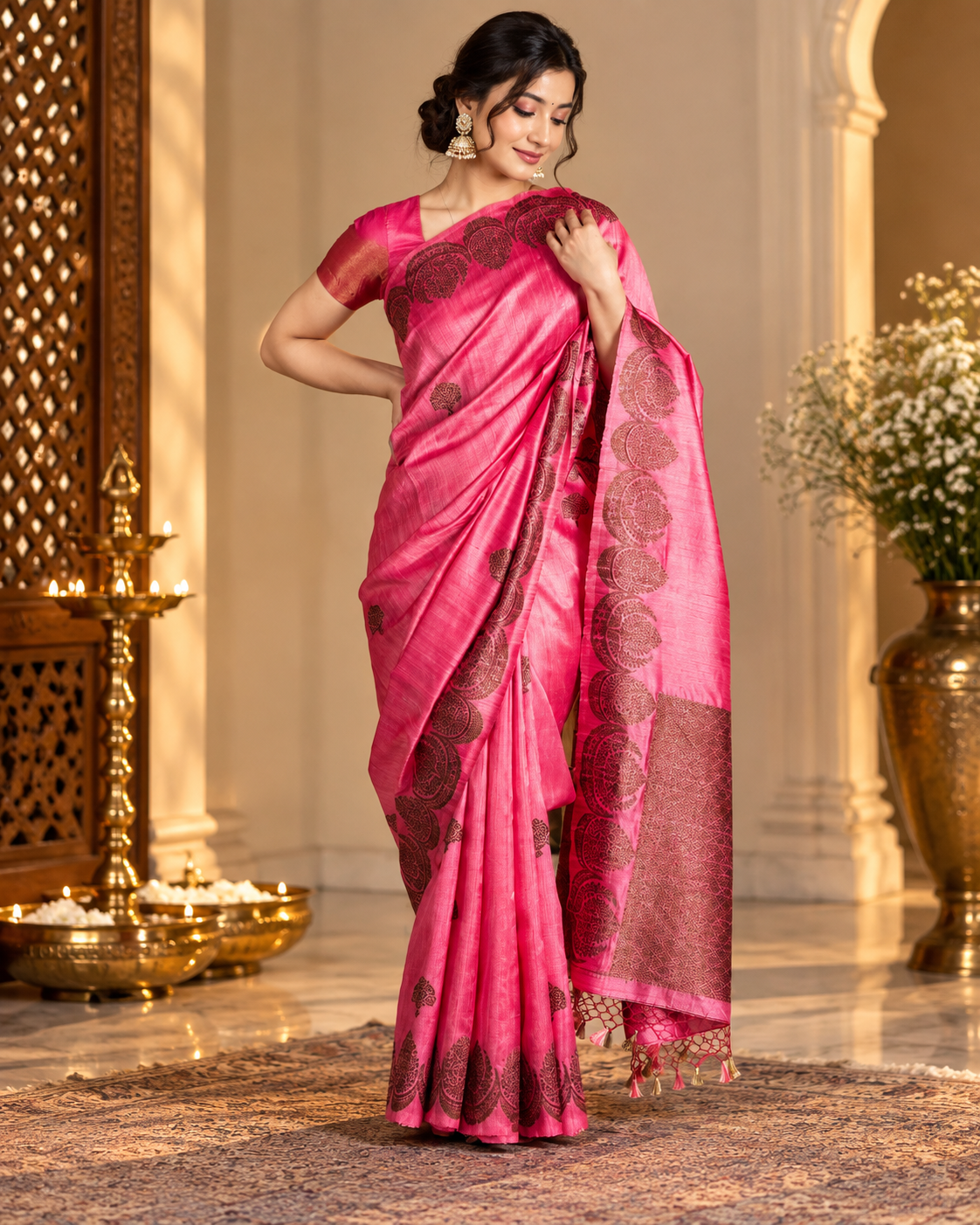 Peachy Pink Raw Silk Saree