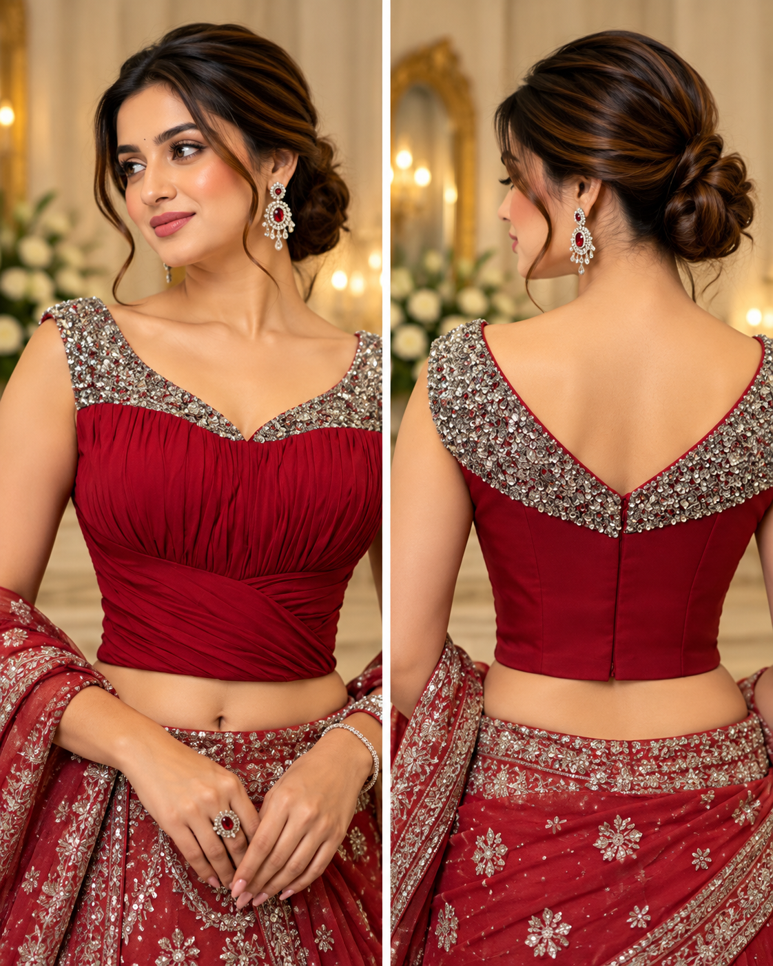 Red Ruched Sequin Embroidered Blouse
