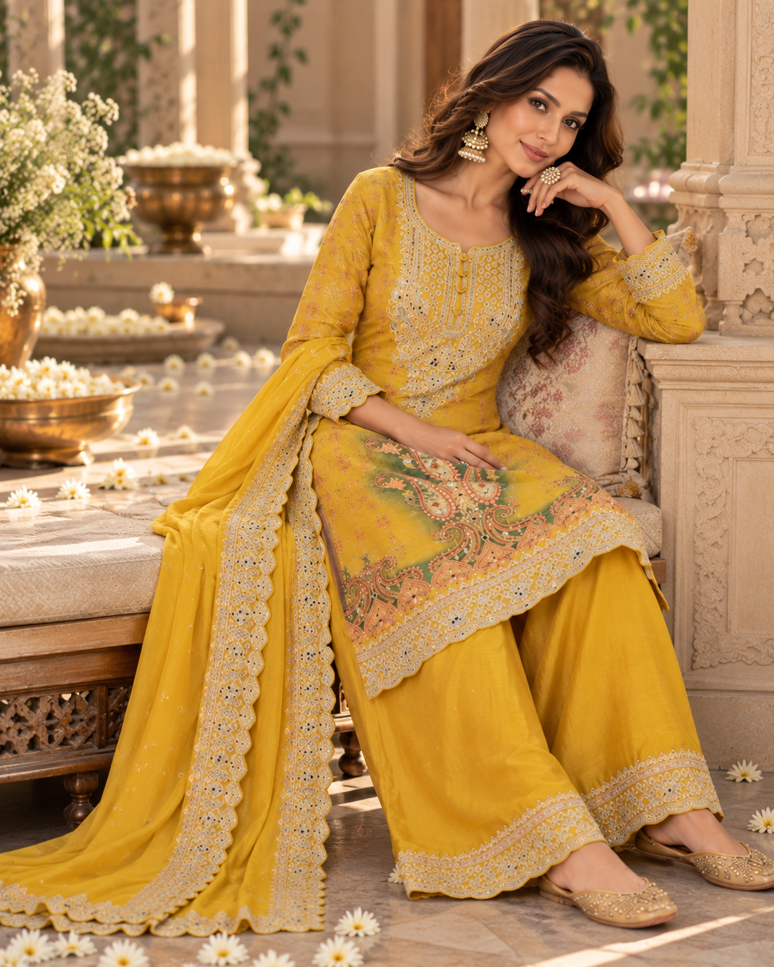 Embroidered Chinon Three-Piece Suit