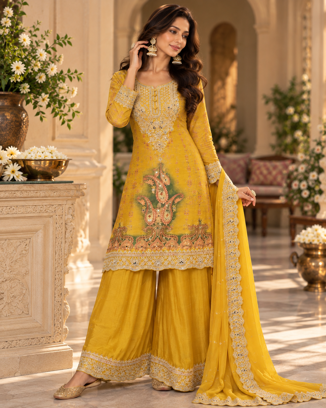 Embroidered Chinon Three-Piece Suit