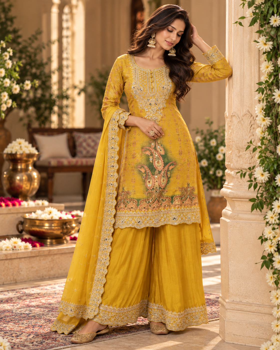 Embroidered Chinon Three-Piece Suit