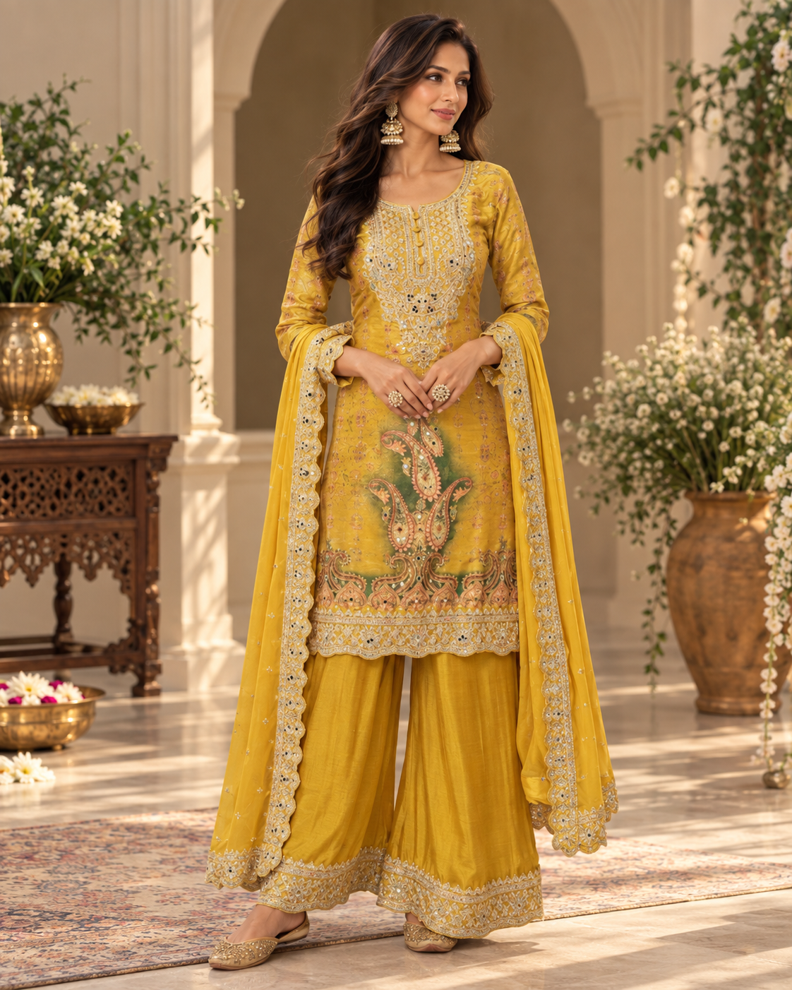 Embroidered Chinon Three-Piece Suit