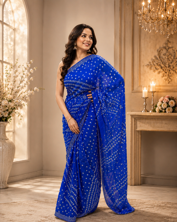 Royal Blue Bandhej Chinon Saree