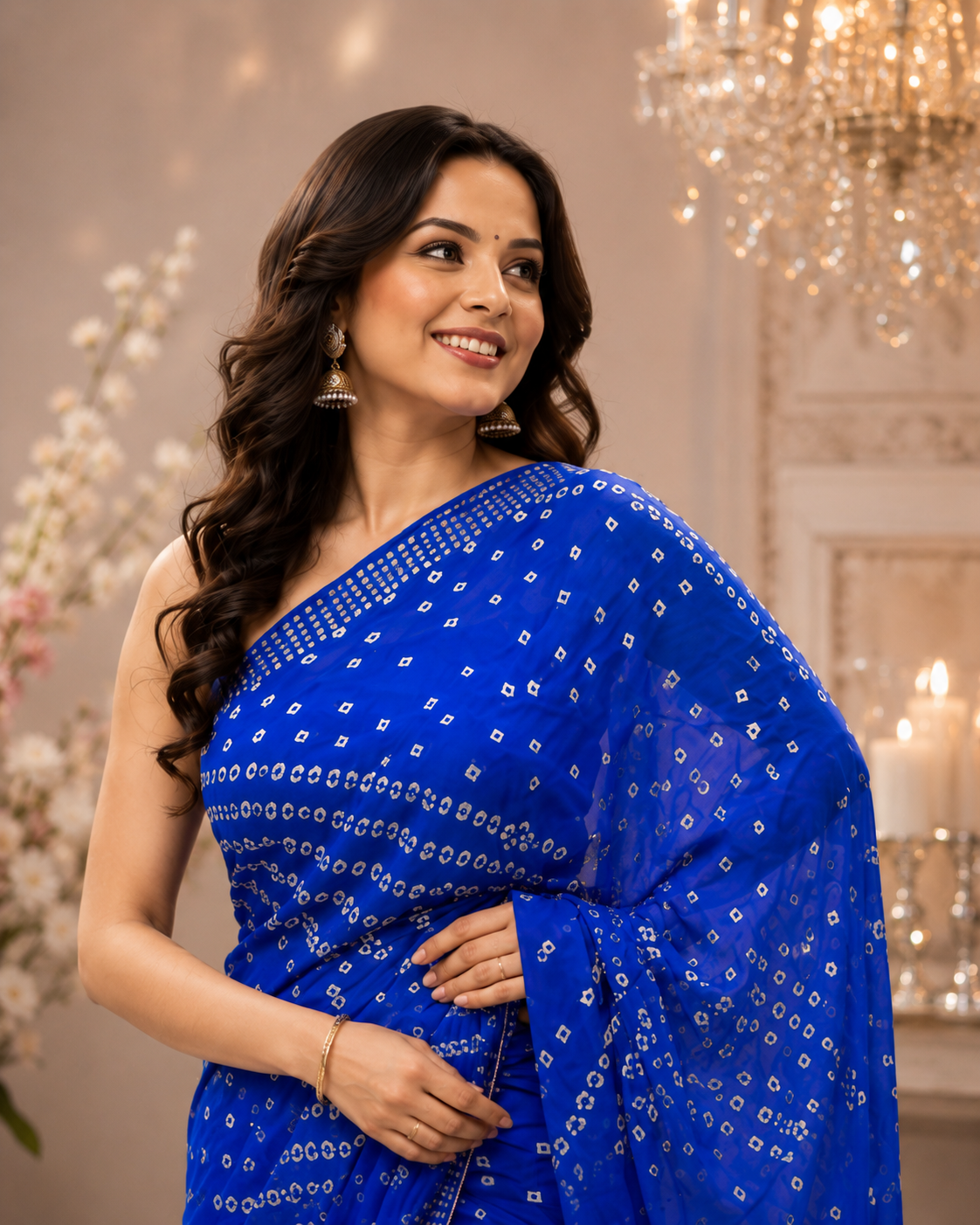 Royal Blue Bandhej Chinon Saree