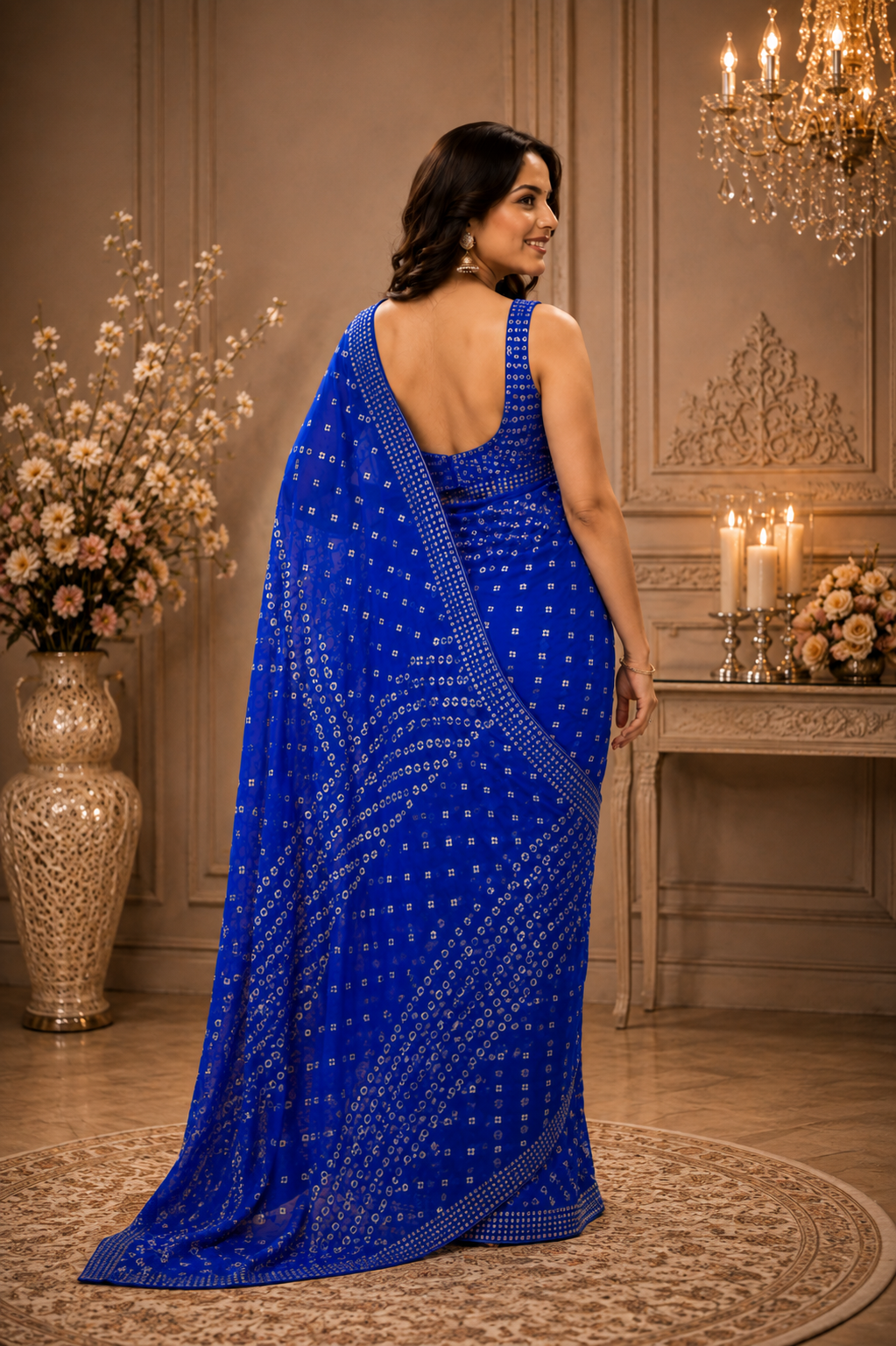 Royal Blue Bandhej Chinon Saree