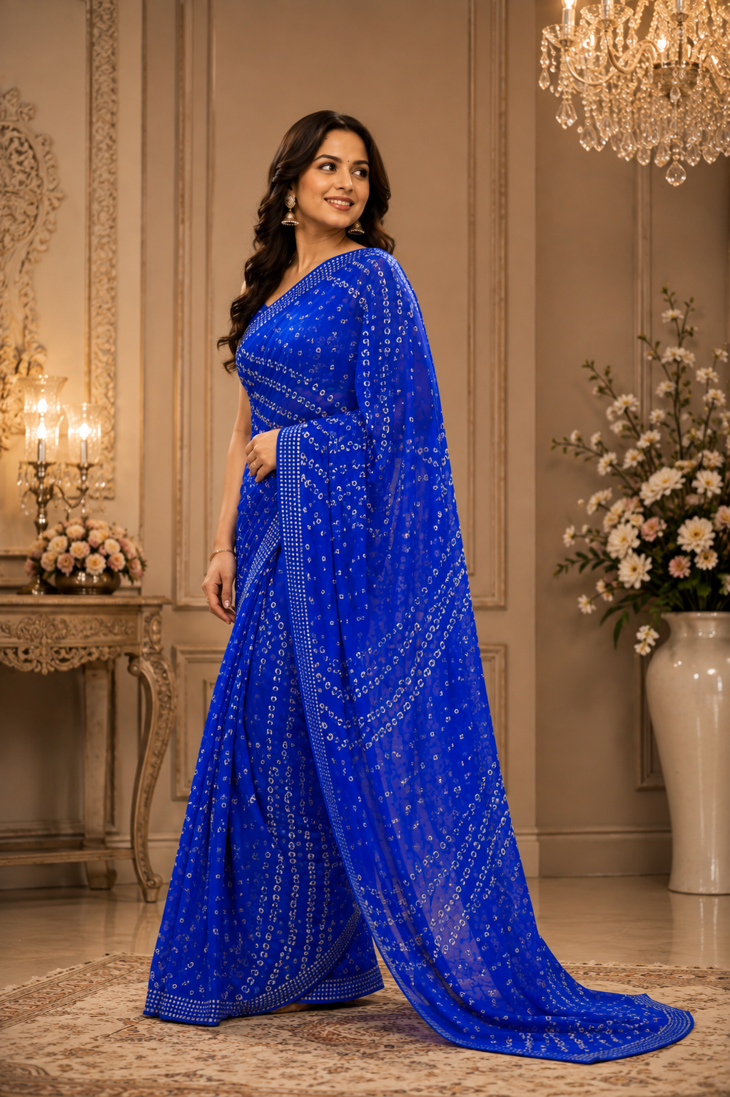 Royal Blue Bandhej Chinon Saree